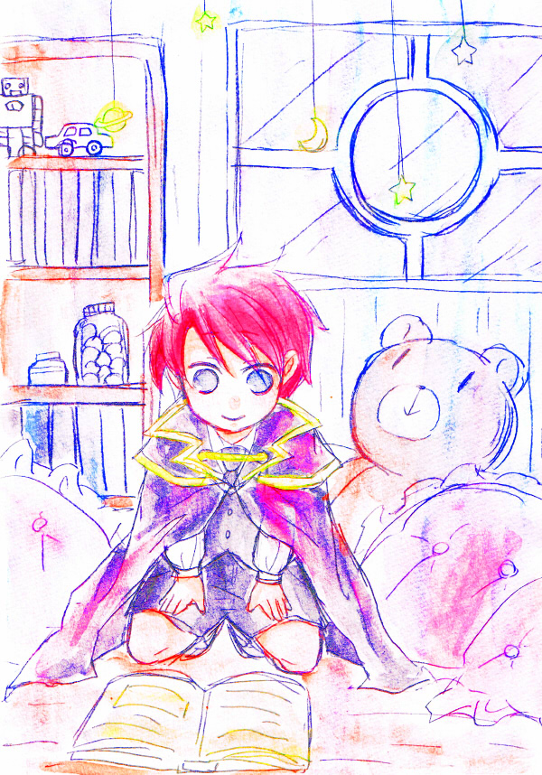 book, cape, child, fumu_(guriguri), necktie, red_hair, redhead, shorts