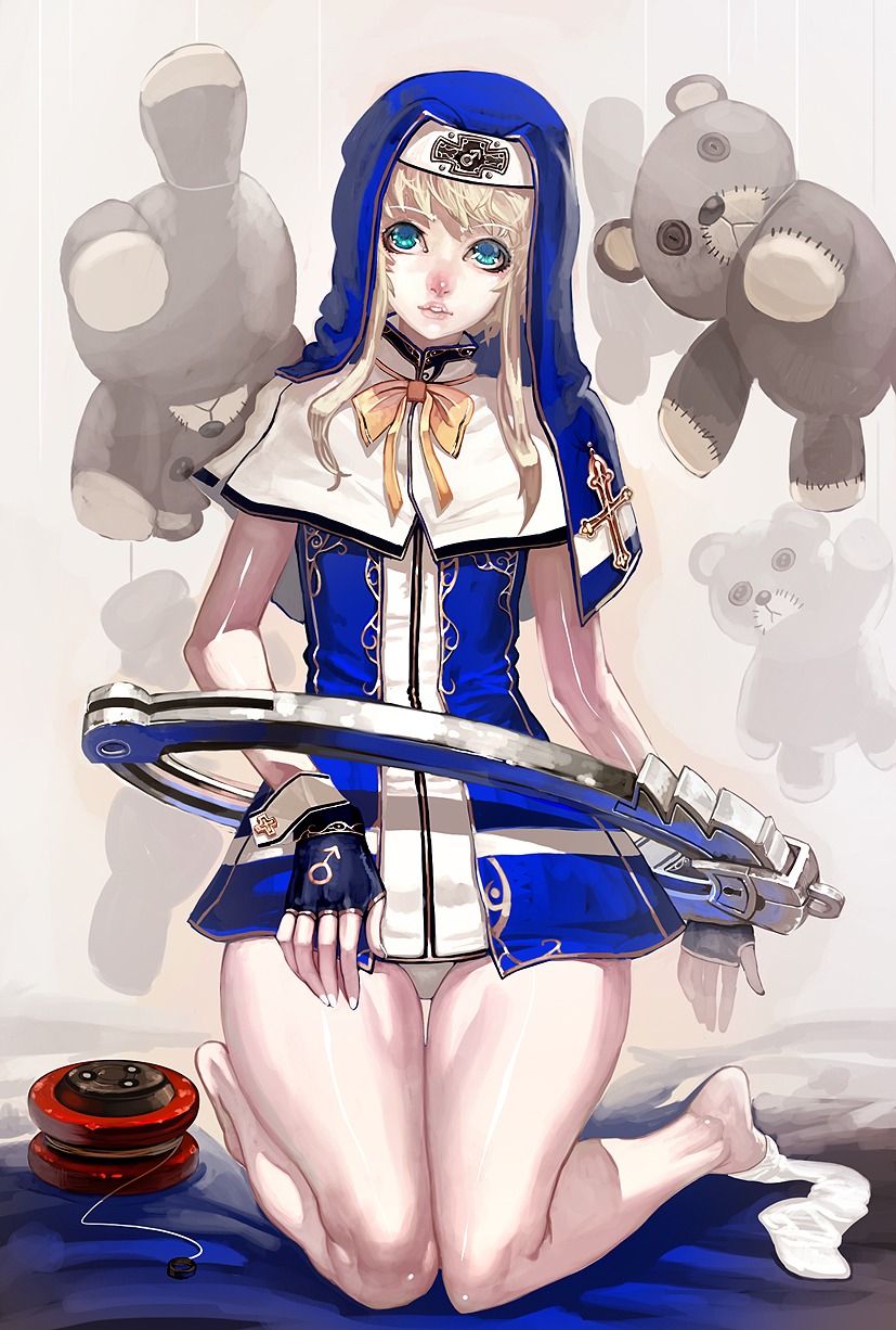 aqua_eyes, barefoot, blonde_hair, blue_eyes, bow, bridget, bridget_(guilty_gear), crossdressing, fingerless_gloves, gloves, guilty_gear, hands, highres, jeffr, kneeling, male, roger, socks, solo, stuffed_animal, stuffed_toy, teddy_bear, thigh_gap, trap, yoyo
