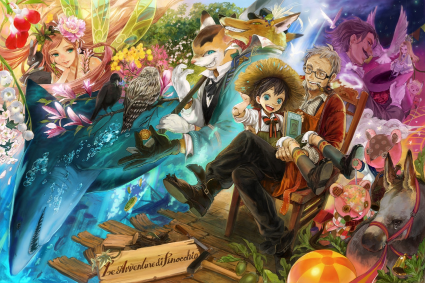 bird, black_hair, blue_eyes, braid, brown_hair, bunny, cat, chair