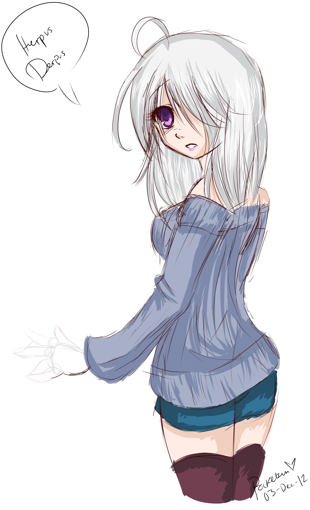 ahoge, breasts, highres, large_breasts, lips, original, pocketsun, purple_eyes, silver_hair, simple_background, sketch, sweater, thigh-highs, thighhighs, violet_eyes