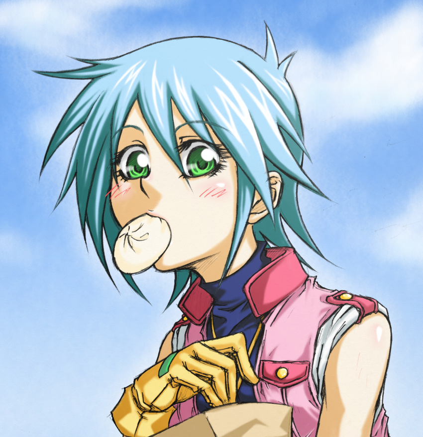 allenby_beardsley, artist_request, bag, blue_hair, blush, bun, cloud, clouds, food, food_in_mouth, g_gundam, gloves, green_eyes, gundam, highres, looking_at_viewer, meat_bun, short_hair, sky, sleeveless, solo, vest