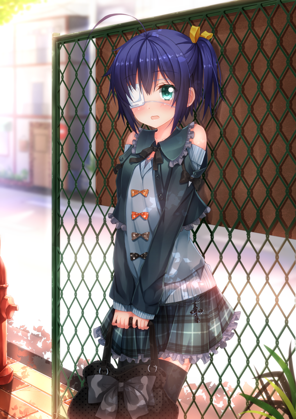 ahoge, alternate_costume, bag, black_legwear, blue_hair, blush, bow, chuunibyou_demo_koi_ga_shitai!