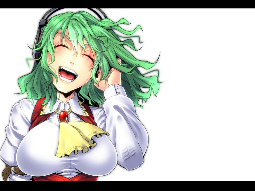 ascot, breasts, brooch, bust, closed_eyes, eyes_closed, green_hair, head_tilt, headphones, highres, jewelry, kanna_koharu, kazami_yuuka, large_breasts, letterboxed, listening_to_music, open_mouth, short_hair, simple_background, solo, teeth, touhou, vest, white_legwear