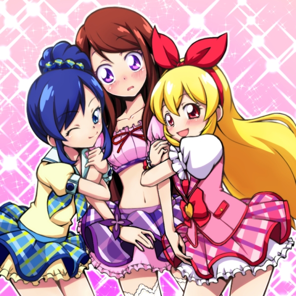 aikatsu!, arm_hug, bare_shoulders, blonde_hair, blue_eyes, blue_hair, blush, brown_hair