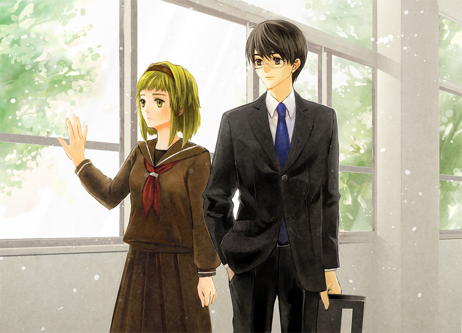 black_hair, bokuto, brown_eyes, formal, glasses, green_eyes, green_hair, gumi