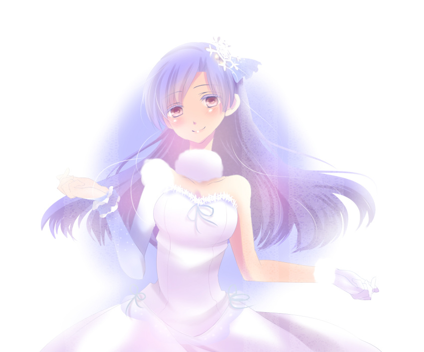 asymmetrical_clothes, bare_shoulders, blue_hair, blush, dress, gloves, highres, idolmaster