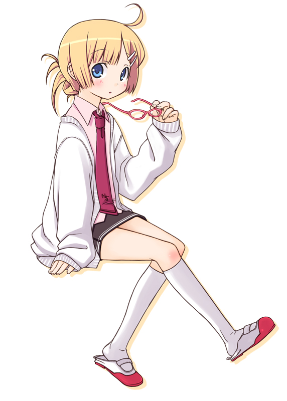blonde_hair, blue_eyes, blush, chika_(orange_pop), glasses, hair_ornament, hairclip, looking_at_viewer