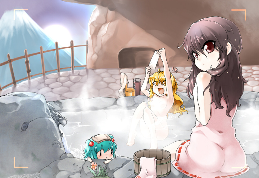 3girls, :d, :x, alternate_hairstyle, aqua_hair, blonde_hair, brown_hair, bucked, bucket, fang, hair_bobbles, hair_down, hair_ornament, hakurei_reimu, kawashiro_nitori, kirisame_marisa, long_hair, multiple_girls, naked_towel, nude, onsen, open_mouth, phenne, red_eyes, smile, touhou, towel, towel_on_head, twintails, viewfinder, |_|