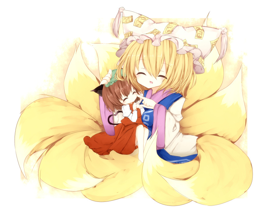 a-iueo, animal_ears, blonde_hair, breast_smother, brown_hair, cat_ears, cat_tail, cheek_poke
