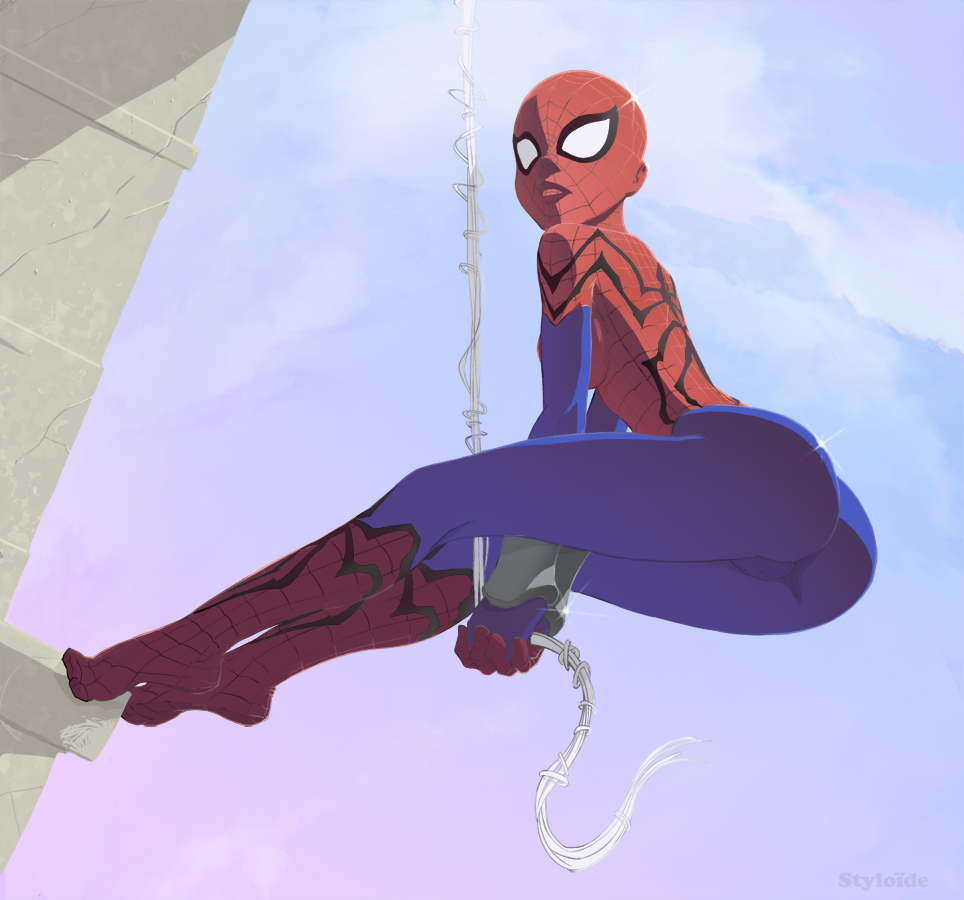 ass, bodysuit, breasts, building, cloud, clouds, feet, genderswap, glint, hands_together, lips, marvel, mask, may_parker, solo, spider-girl, spider-man, spider-man_(series), spider_web, styloide, web