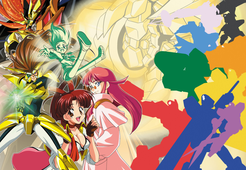 2girls, amami_mamoru, anryuu, blue_eyes, breasts, brown_eyes, brown_hair, cleavage, collarbone, enryuu_(gaogaigar), fingerless_gloves, fuuryuu_(gaogaigar), genesic_gaogaigar, gloves, glowing, glowing_hand, goldymarg, gun, hand_in_pocket, hyouryuu_(gaogaigar), kouryuu_(gaogaigar), long_hair, mecha, mic_sounders_the_13th, multiple_boys, multiple_girls, open_mouth, orange_hair, pink_hair, rairyuu_(gaogaigar), renais_cardiff_shishiou, shishiou_gai, shuriken, silhouette, sunglasses, tsuzuki_masumi, utsugi_mikoto, very_long_hair, volfogg, weapon, yuusha_ou_gaogaigar_final, yuusha_series