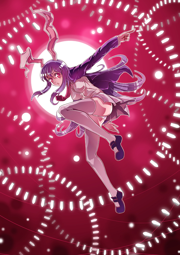 1girl, animal_ears, ass, bunny_ears, danmaku, finger_gun, grey_legwear, jacket