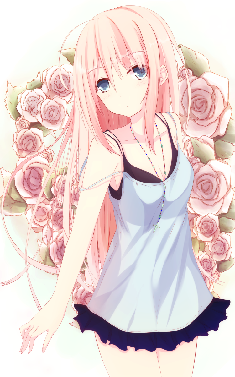 again8120, bare_shoulders, blue_eyes, collarbone, cross, cross_necklace, flower, highres