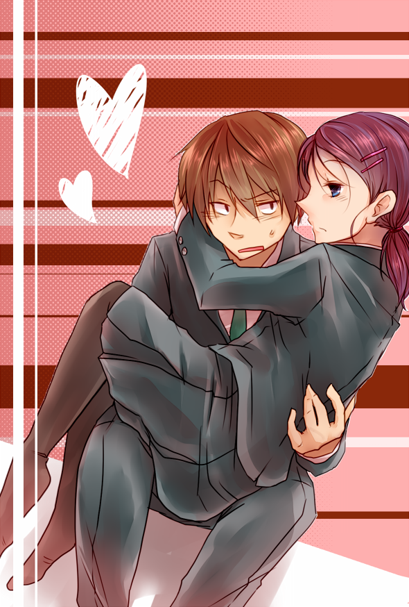 1girl, blue_eyes, brown_hair, carrying, hair_ornament, hairclip, heart, kuga_kokage
