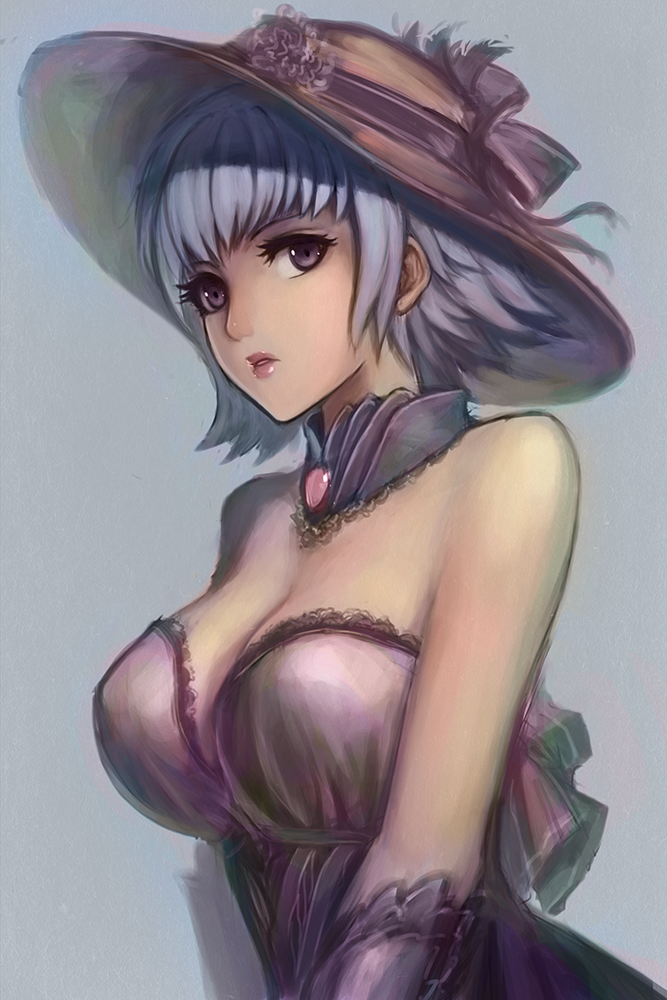 bare_shoulders, blue_hair, breasts, bust, chaosringen, elbow_gloves, gloves, hat, hat_ribbon, lips, original, pink_eyes, pink_hair, ribbon, short_hair, solo