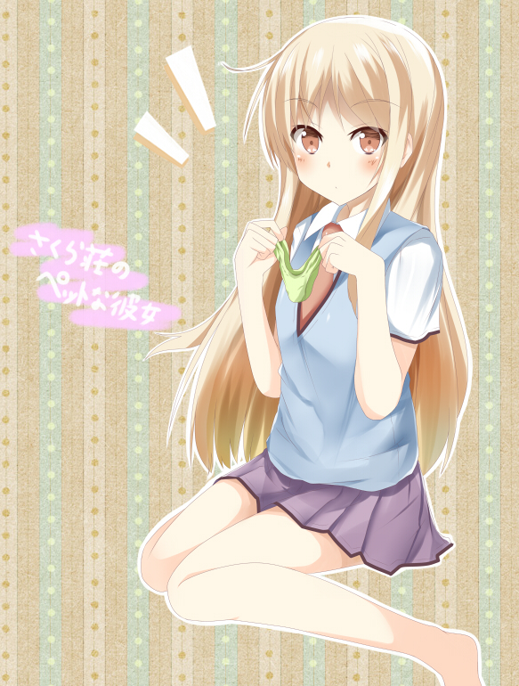 blonde_hair, green_panties, holding, holding_panties, legs, long_hair, looking_at_viewer, necktie