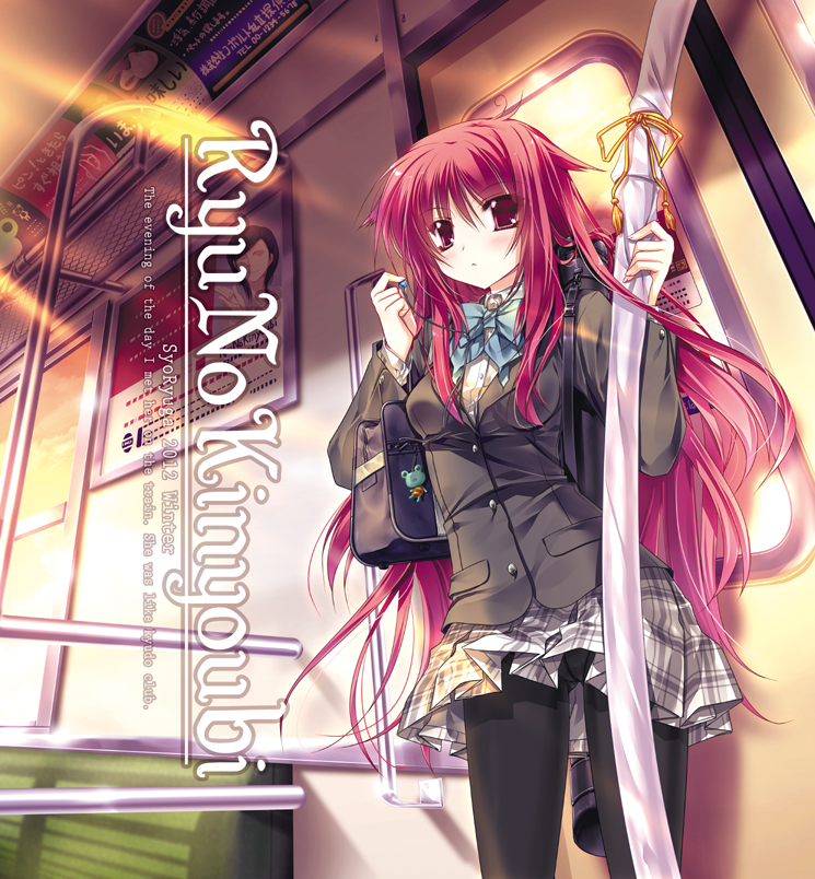 bag, black_legwear, blazer, blush, bow, cover, cover_page, earphones