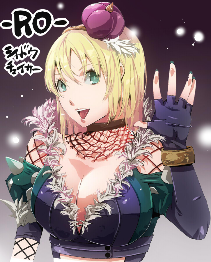 bare_shoulders, blonde_hair, breasts, cevoy, choker, cleavage, elbow_gloves, fingerless_gloves, gloves, green_eyes, green_nails, mini_hat, nail_polish, ragnarok_online, shadow_chaser, smile, solo, waving