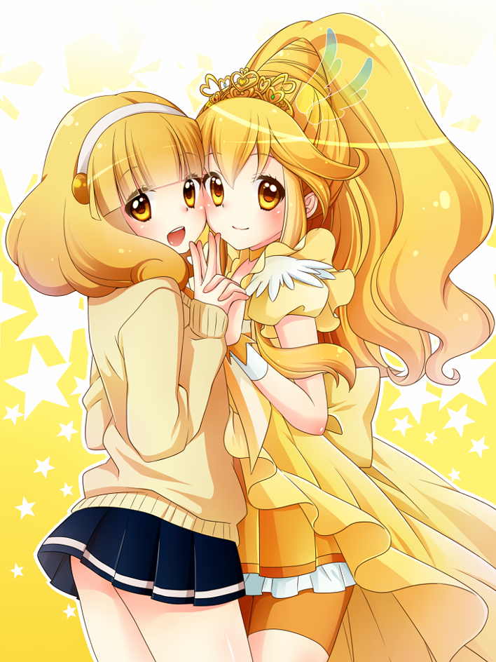 1girl, bike_shorts, blonde_hair, blue_dress, blush, cardigan, cure_peace, dress