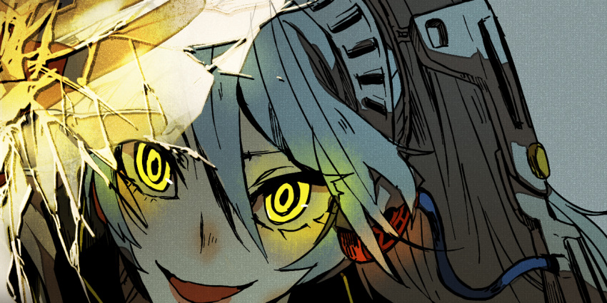 android, aqua_hair, broken_glass, close-up, dark_persona, evil_smile, glass, glowing, glowing_eyes, labrys, persona, persona_4, persona_4:_the_ultimate_in_mayonaka_arena, shadow_(persona), shadow_labrys, smile, solo, yellow_eyes