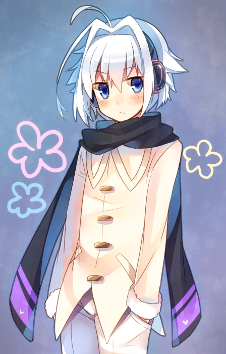1boy, ahoge, blue_eyes, blue_hair, blush, hair_intakes, hands_in_pockets, headphones, male, moe_on_drop, original, scarf, solo