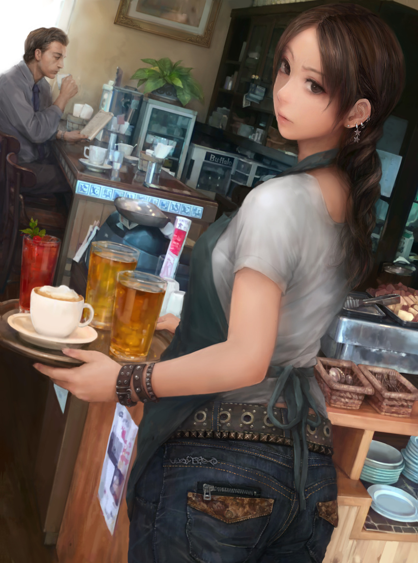 1girl, belt, black_eyes, black_hair, braid, chair, cup, glass, heans, highres, holding, jeans, lips, looking_at_viewer, miche, necktie, node, original, plant, plate, portrait_(object), potted_plant, realistic, saucer, single_braid, sitting, teacup, tray