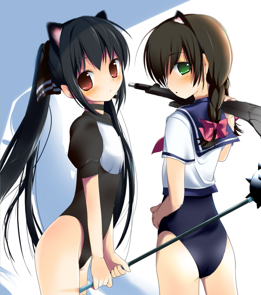 animal_ears, ass, bad_id, black_hair, blush, braid, brown_eyes, brown_hair, choker, crossover, flat_chest, green_eyes, haneyoru, kooh, leotard, loli, long_hair, multiple_girls, no_pants, pangya, paperman, school_swimsuit, school_uniform, serafuku, spiked_mace, swimsuit, swimsuit_under_clothes, twin_braids, twintails, uya_(munyu)