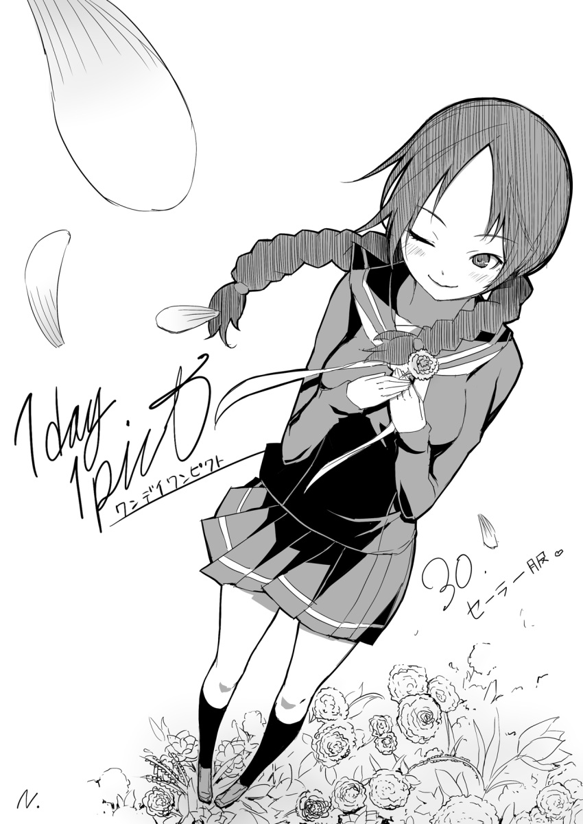 ;), blush, braid, flower, hands_on_own_chest, highres, kneehighs, monochrome