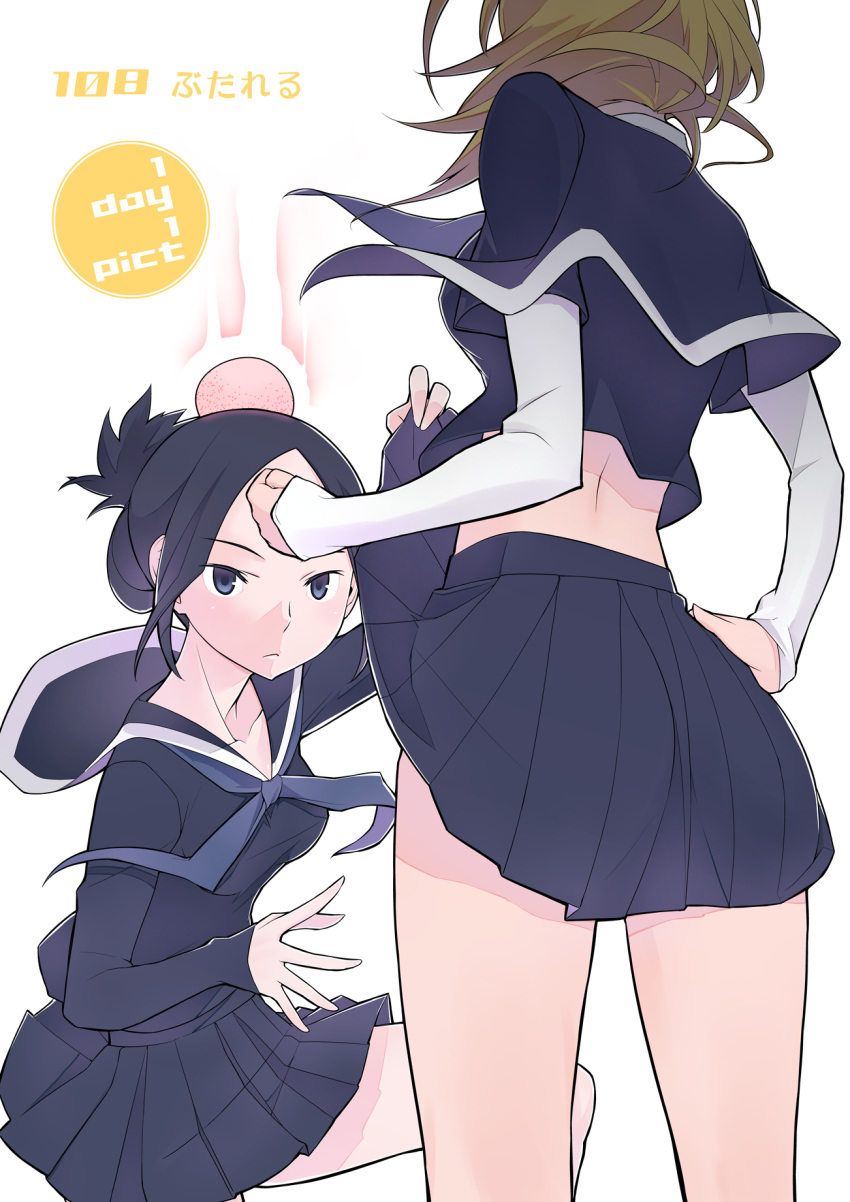 black_hair, blonde_hair, blue_eyes, collarbone, hand_on_hip, highres, long_hair, multiple_girls, nattsu_(seiga5246281), original, school_uniform, serafuku, simple_background, skirt, skirt_flip, white_background, yuri