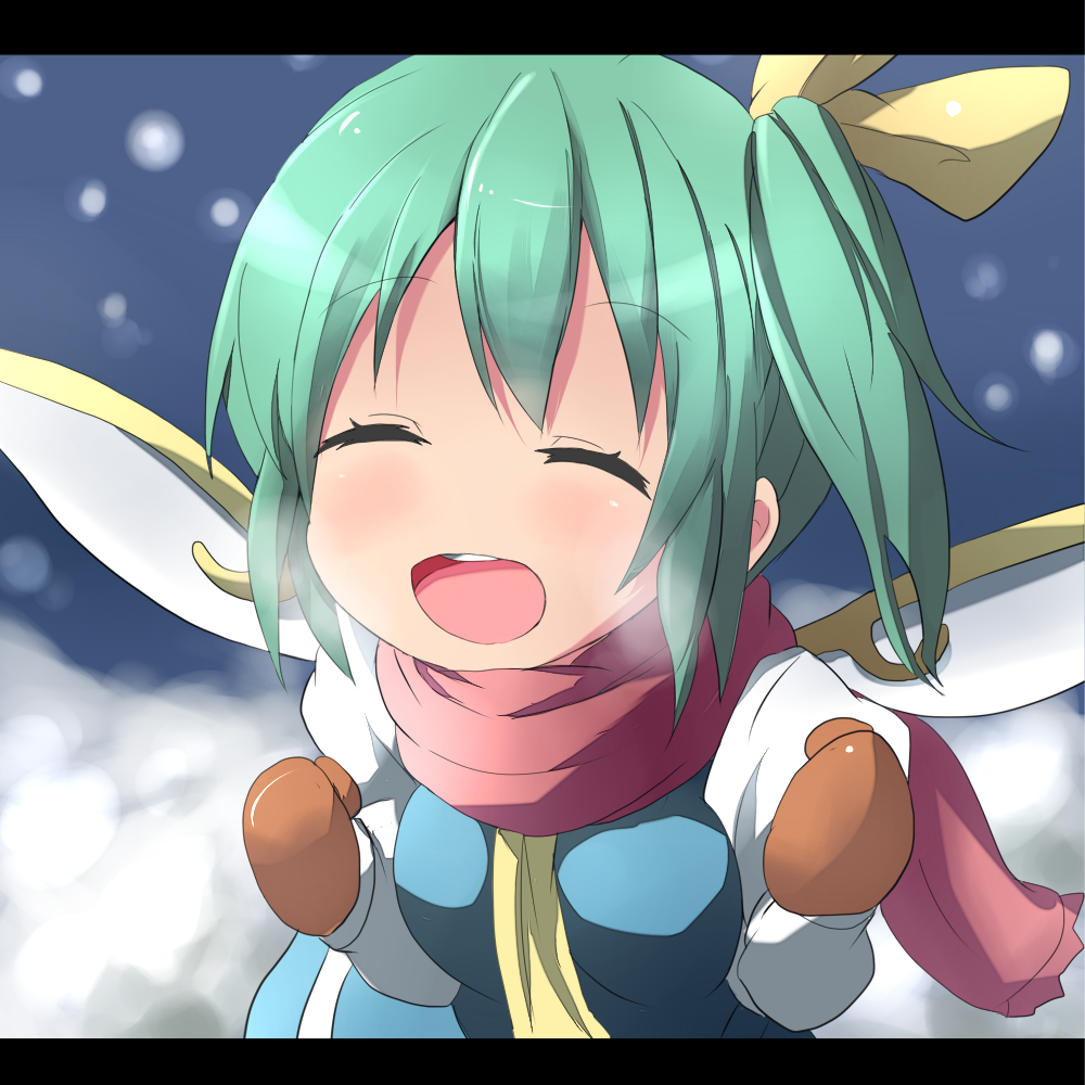 blue_dress, breasts, brown_gloves, bust, closed_eyes, daiyousei, dress, eyes_closed