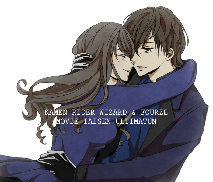 1girl, ^_^, ark41500, brown_hair, closed_eyes, dress, eyes_closed, female, gloves, grey_eyes, hug, kamen_rider, kamen_rider_fourze_(series), long_hair, male, nozama_tomoko, sakuta_ryuusei