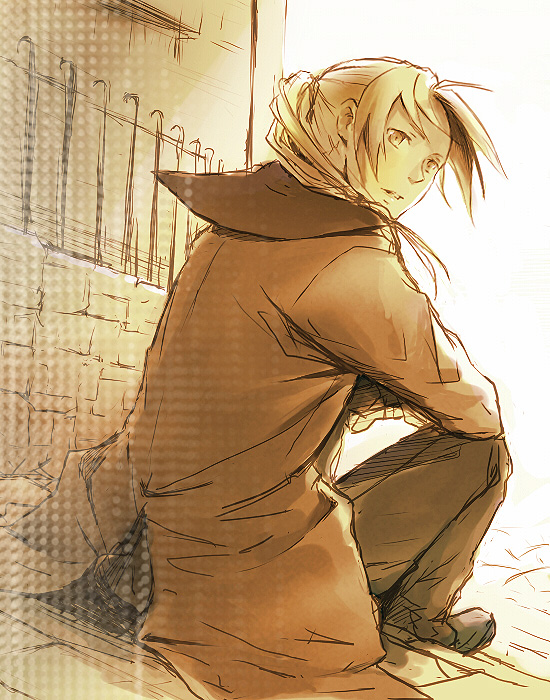 blonde_hair, conqueror_of_shambala, edward_elric, fence, fullmetal_alchemist, long_hair, male, ocosato, ponytail, sitting, sketch, solo, yellow_eyes