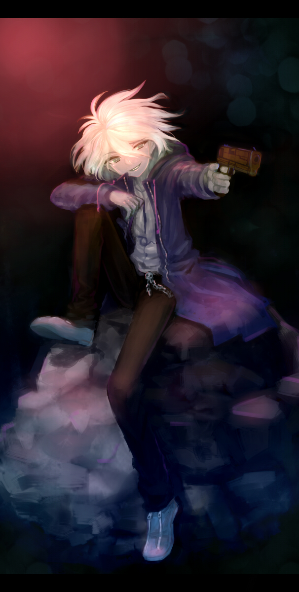 grey_eyes, gun, highres, hoodie, jacket, komaeda_nagito, long_hair, open_mouth, orima, sitting, smile, super_dangan_ronpa_2, weapon, white_hair