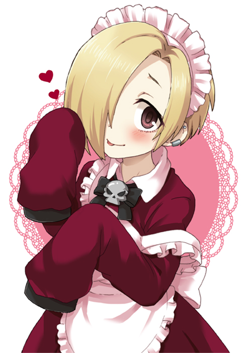 apron, bags_under_eyes, blonde_hair, blush, brown_eyes, dress, earrings, hair_over_one_eye