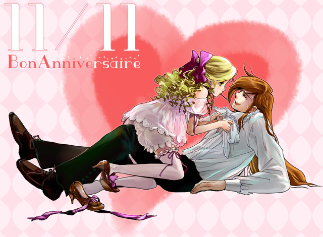 1girl, blonde_hair, bloomers, brown_hair, closed_eyes, couple, curly_hair, dated