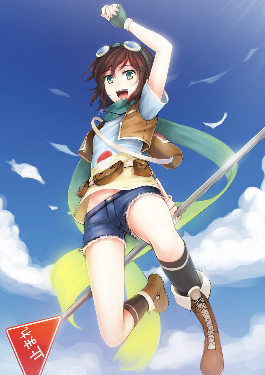 arm_up, azuri, boots, brown_hair, cloud, clouds, cross-laced_footwear, denim, denim_shorts, fingerless_gloves, from_below, gloves, goggles, goggles_on_head, green_eyes, highres, jewelry, jumping, kerasu, necklace, open_mouth, original, scarf, short_hair, shorts, sign, sky, solo, stop_sign