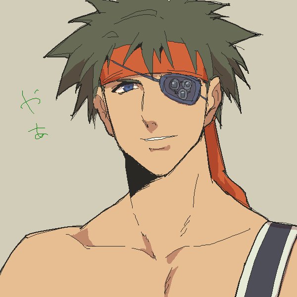 brown_hair, eyepatch, grey_eyes, headband, irvine, looking_at_viewer, male, oekaki