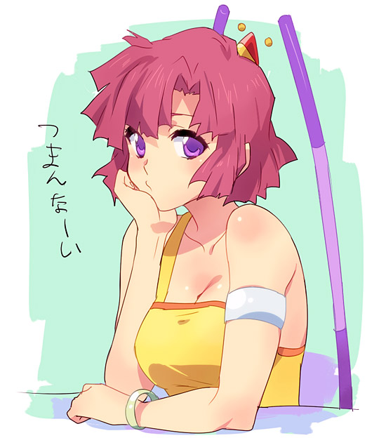 armband, bracelet, breasts, cleavage, hair_ornament, hand_to_chin, jewelry, looking_at_viewer, purple_eyes, red_hair, redhead, rinon_toros, short_hair, solo, taki_(nakochan), violet_eyes, zoids, zoids_shinseiki/zero