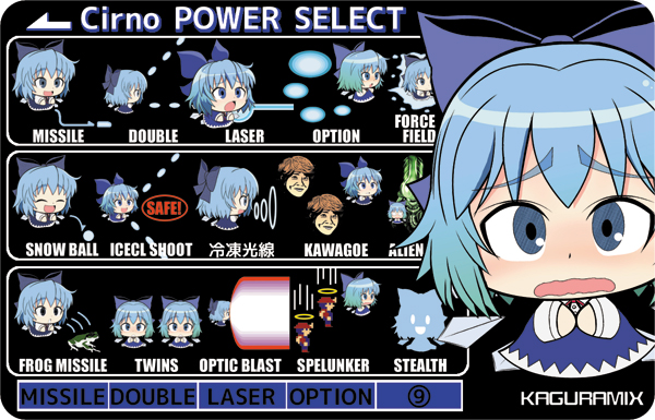 blue_eyes, blue_hair, blush, bullet, chibi, cirno, clone, crossover, cyclops_(x-men), dress, engrish, force_field, frog, gradius, halo, invisible, kaguratsuna, konami, laser, marvel, missile, open_mouth, parody, ranguage, ribbon, spelunker, touhou, x-men, xenomorph