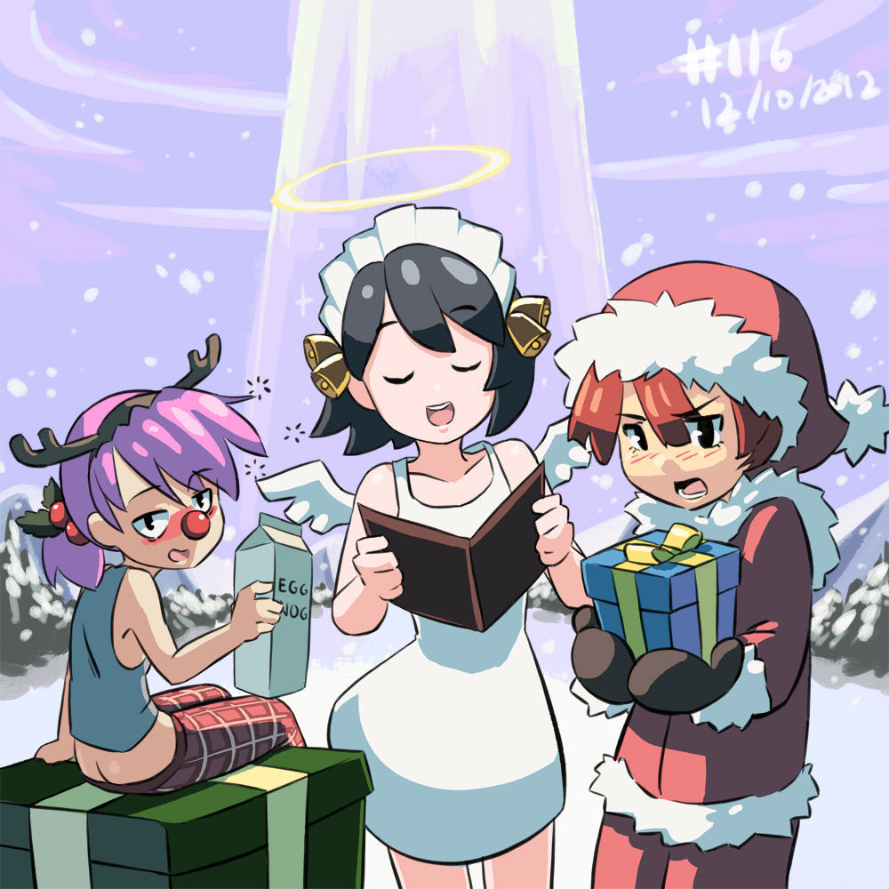 1boy, 2girls, angel, bell, black_eyes, black_hair, blush, butt_crack, carton, character_request, christmas, copyright_request, dated, dress, drunk, eggnog, eyes_closed, frown, gift, gloves, hair_bell, hair_bobbles, hair_ornament, halo, hat, headdress, junkpuyo, looking_back, maid_headdress, mistletoe, mittens, multiple_girls, original, pink_hair, plaid, ponytail, present, purple_hair, red_hair, redhead, reindeer_antlers, reindeer_costume, santa_costume, santa_hat, singing, sitting, smile, snow, standing, white_dress, wings