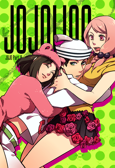 2girls, animal_ears, black_hair, dixie_cup_hat, fake_animal_ears, green_eyes, hair_bobbles, hair_ornament, hanaichi_(hana13), hat, higashikata_daiya, higashikata_jousuke_(jojolion), hirose_yasuho, hug, hugs, jojo_no_kimyou_na_bouken, jojolion, multiple_girls, pink_hair, sailor_hat