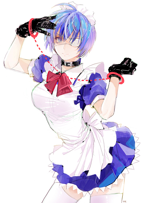 apron, bdsm, black_gloves, blue_eyes, blue_hair, bondage, collar, cuffs, eyepatch, frills, funpjinju, gloves, handcuffs, ikkitousen, looking_at_viewer, maid, maid_headdress, pleated_skirt, ryomou_shimei, short_hair, skirt, solo, thigh-highs, thighhighs, white_background, white_legwear