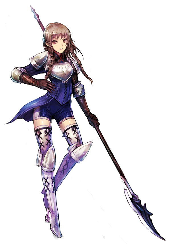 armor, boots, braid, brown_eyes, brown_hair, gloves, greaves, kara_(color)