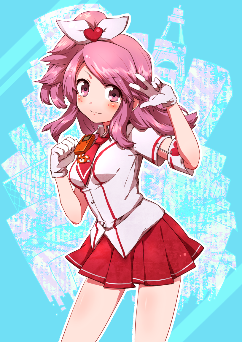 armband, blush, fujisaki_(hjsk), gunslinger_stratos, hair_ribbon, heart, katagiri_kyouka, pink_hair