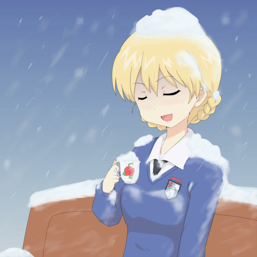 blonde_hair, blush, braid, closed_eyes, cup, darjeeling_(girls_und_panzer), eyes_closed, girls_und_panzer, highres, maimai251, open_mouth, school_uniform, short_hair, smile, snow, solo, tea, teacup_(iroiro)