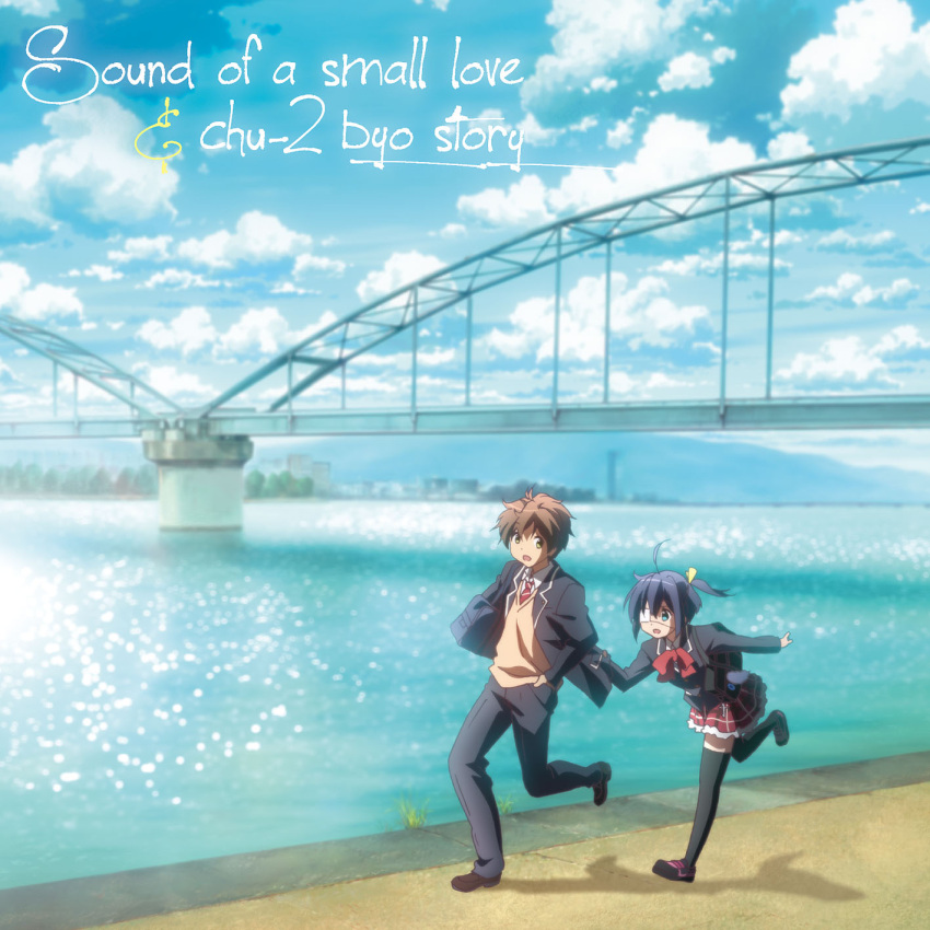 1boy, 1girl, album_cover, bag, black_legwear, blazer, blue, blue_sky