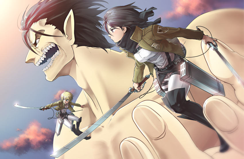 2boys, armin_arlert, buriki_neko, cloud, eren_jaeger, giant, highres, mikasa_ackerman