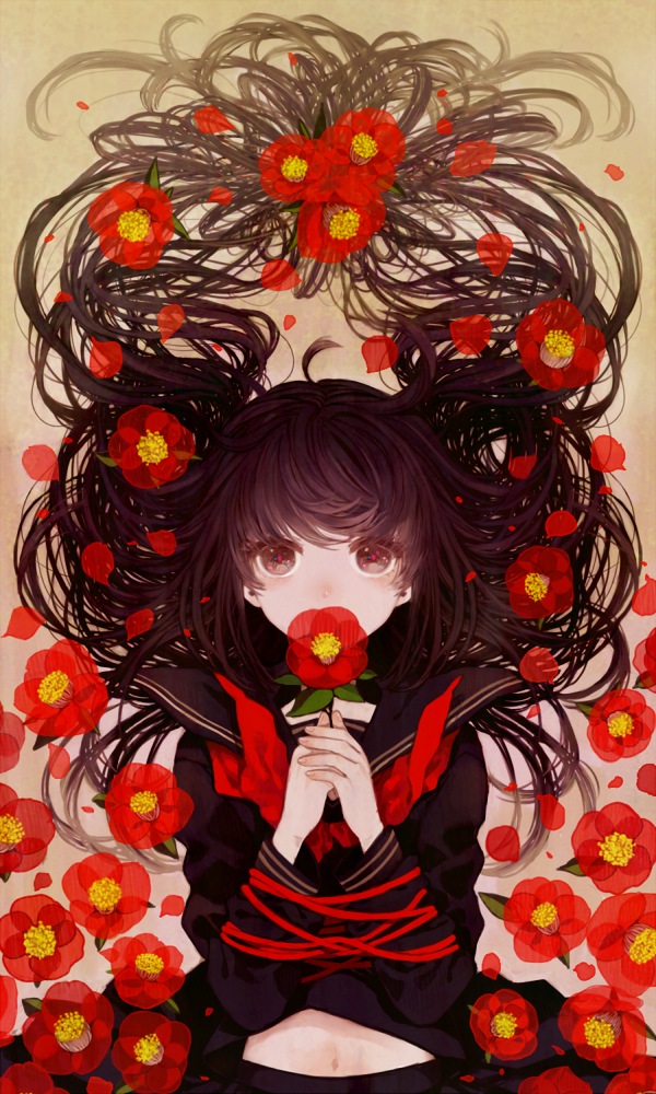 black_hair, camellia_(flower), covering_mouth, flower, leaf, long_hair, lying, midriff