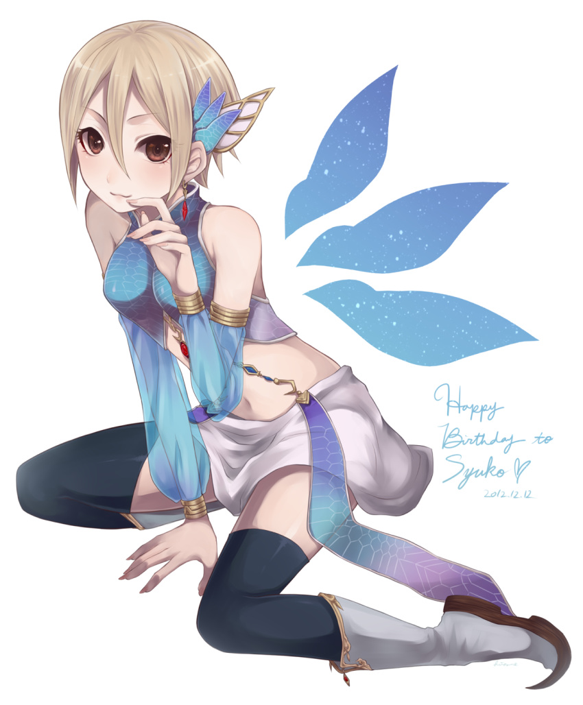 2012, :3, arm_support, black_legwear, blonde_hair, boots, brown_eyes, character_name
