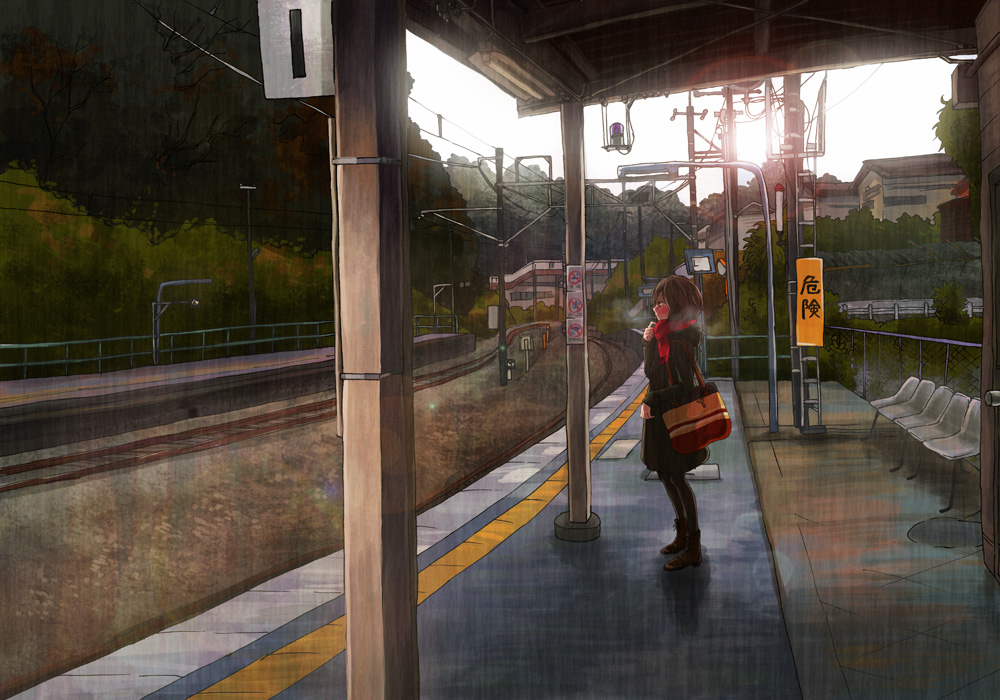 bag, black_hair, black_legwear, blush, building, chair, original, pantyhose, railroad_tracks, rain, ryouga_(fm59), scarf, scenery, solo, standing, sunlight, train_station, tree